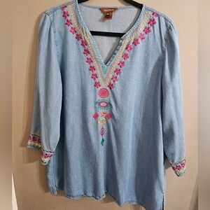 Multiples Light Blue Denim Tunic with Pink & Teal Embroidery